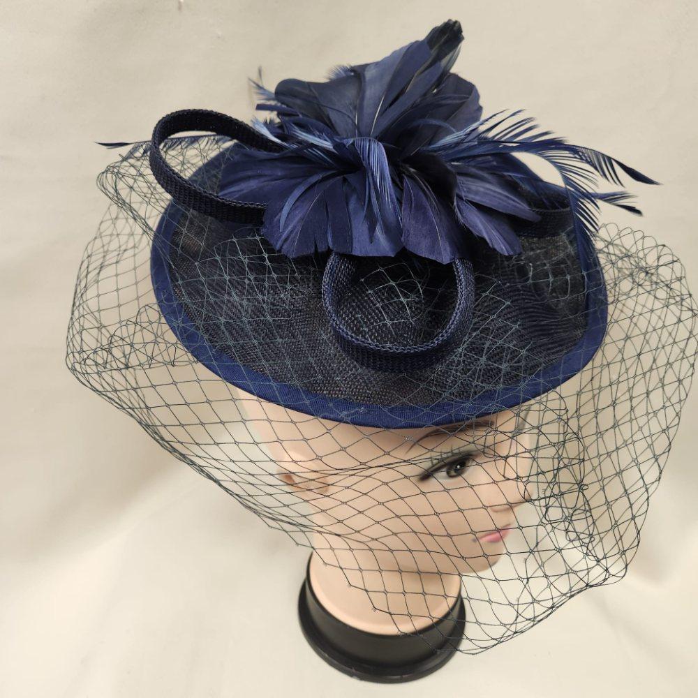 Alternative view of Navy Blue cambric fascinator with feathers and net veil