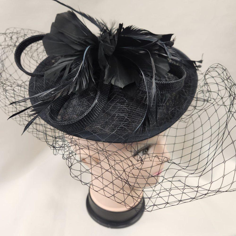 Alternative view of Black cambric fascinator with feathers and net veil