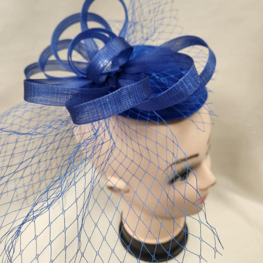 Blue cambric base fascinator with veil and pearl embellishment