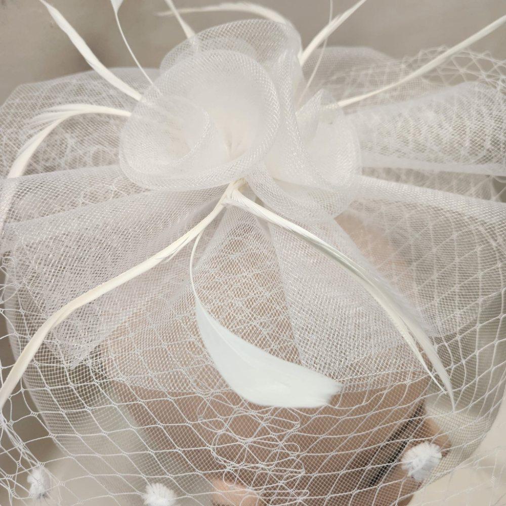 Detailed top view of Classic fascinator in white with veil