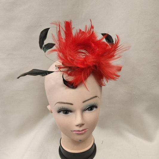 Fascinator with red and black feathers