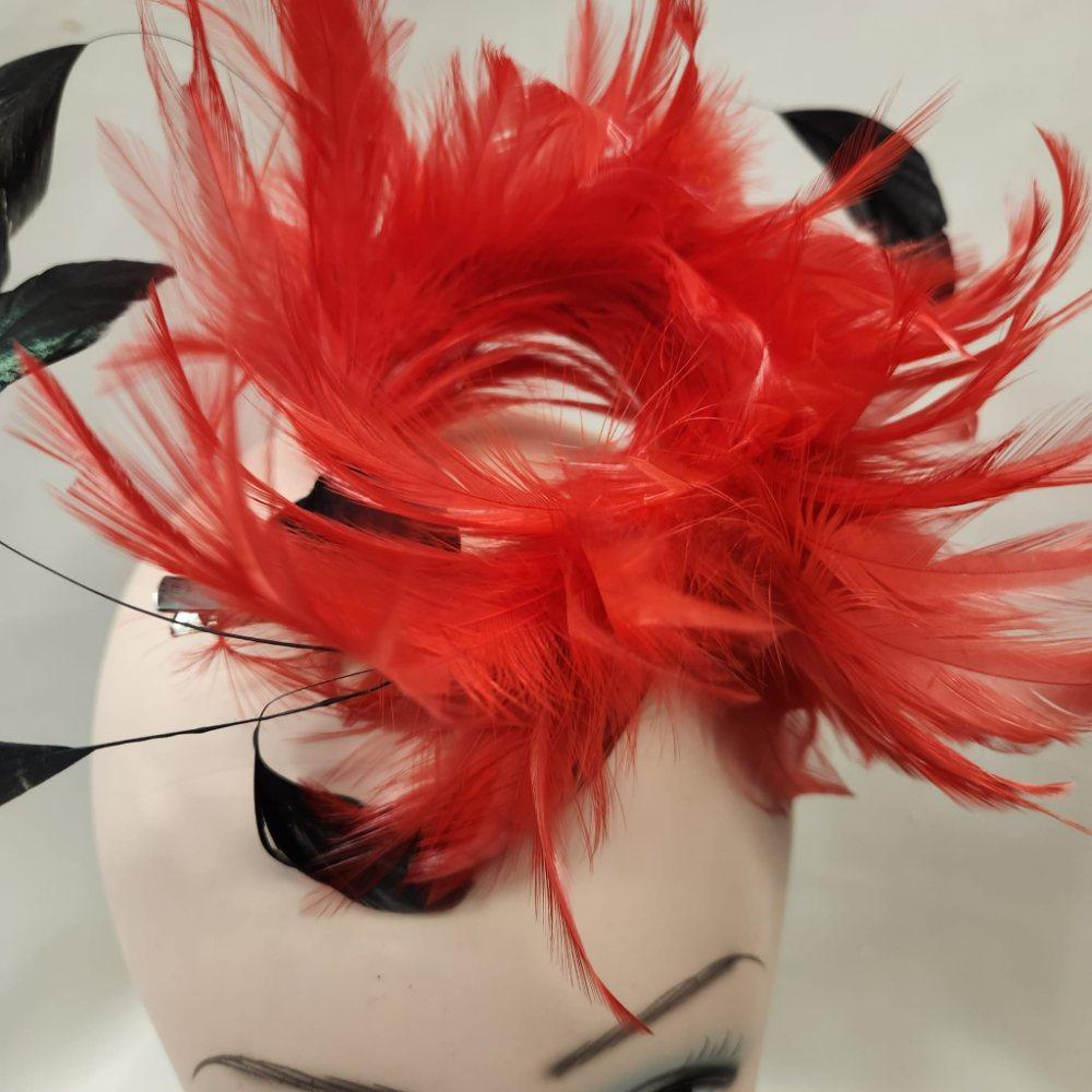 Detailed view of Fascinator with red and black feathers