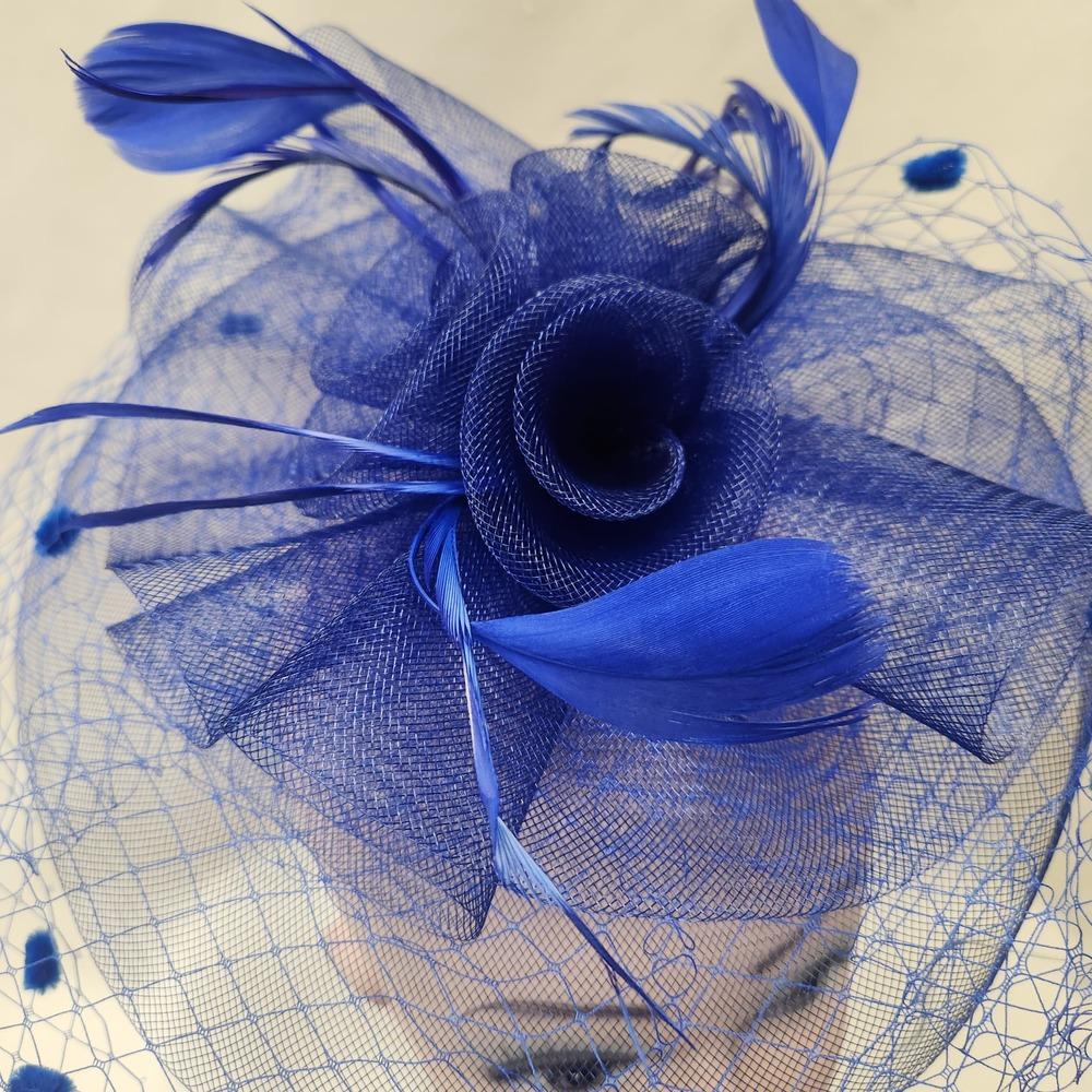 Detailed front view Classic bright blue fascinator with veil
