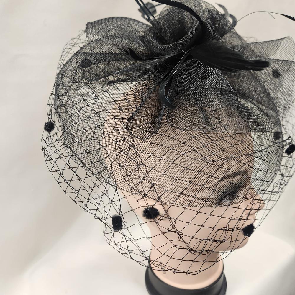 Detailed side view of Classic black fascinator with veil