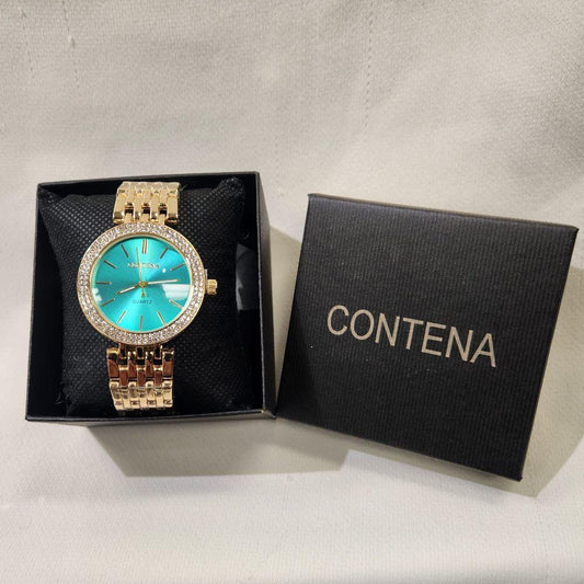 Wristwatch for women with green inner dial and stone studded rim