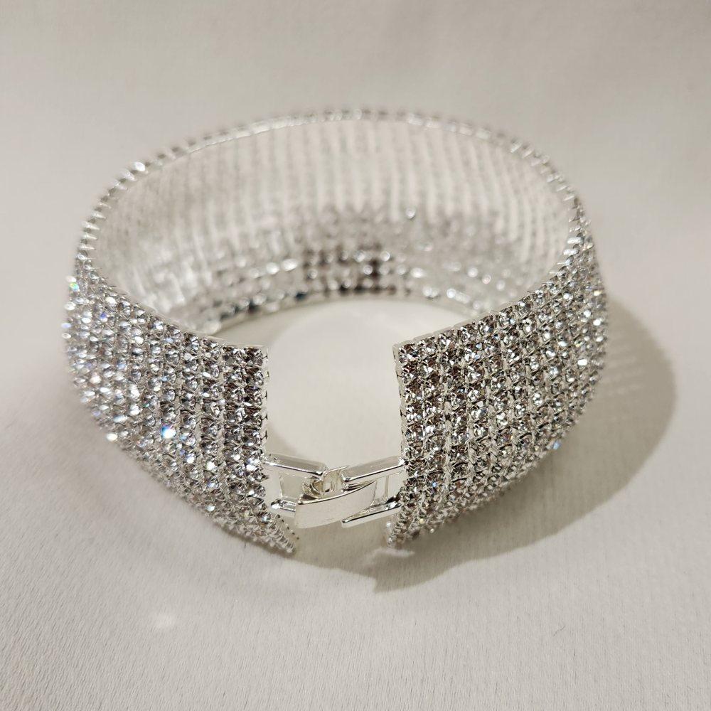 Closer view of Stone studded silver bracelet with fold over clasp