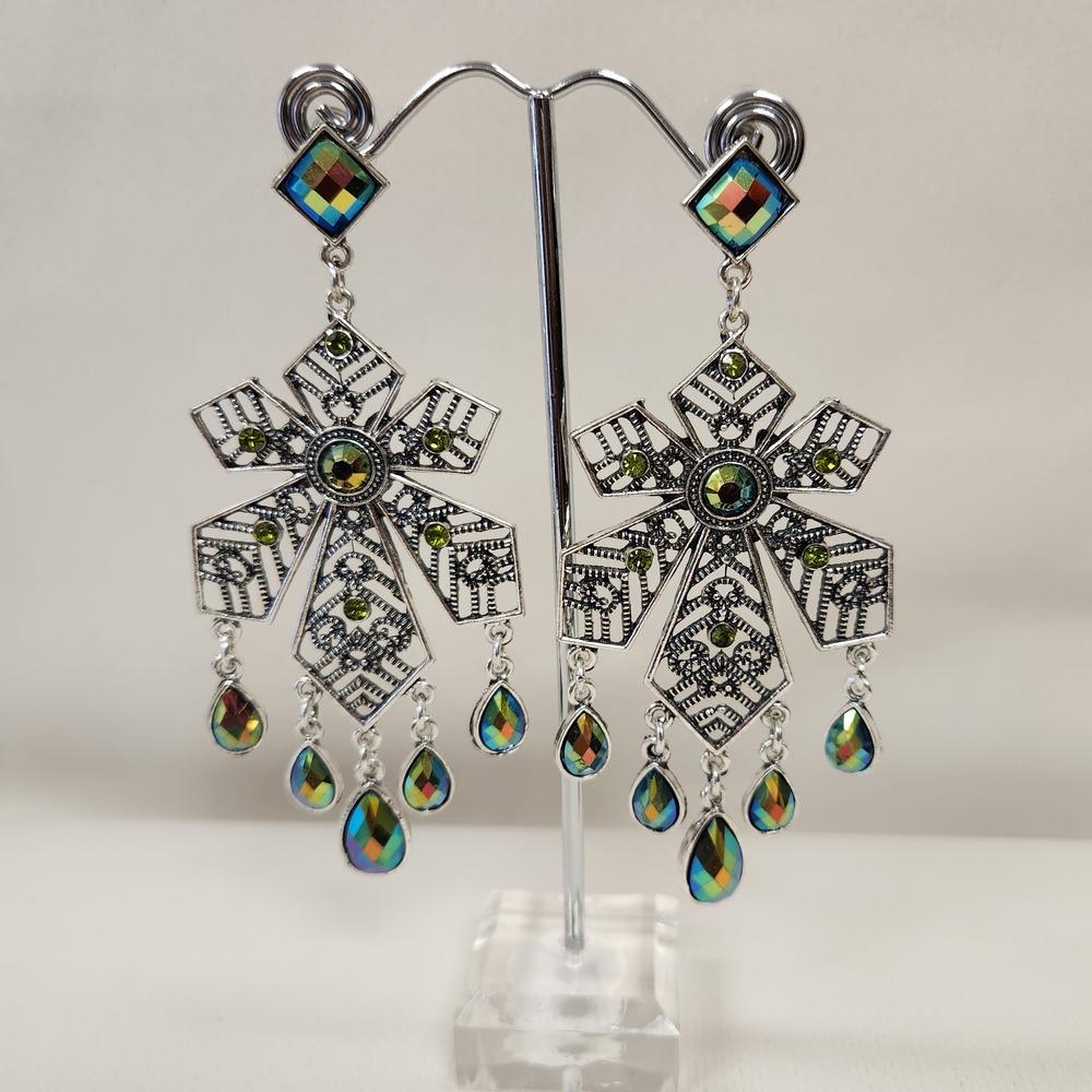 Long dangle earrings with dual tone stones