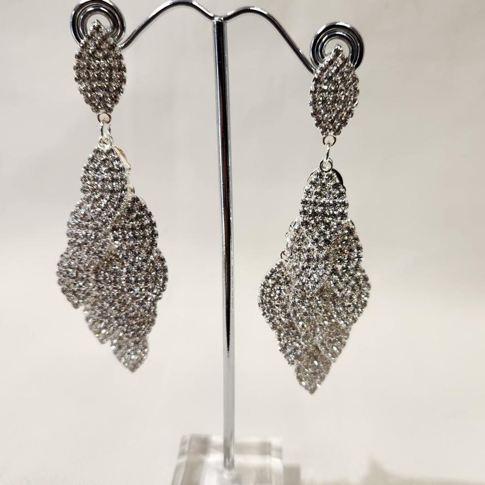 Long silver color stone studded dangle earrings