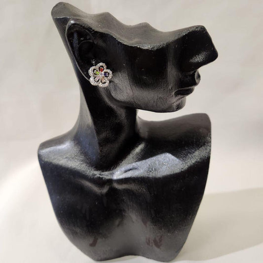 Floral design stud earrings with clear and colorful stones