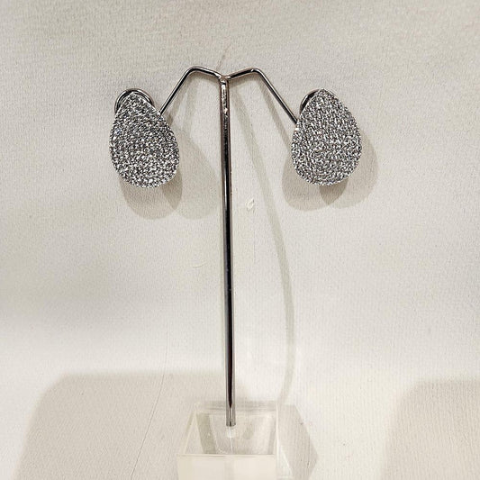 Silver stone studded tear drop clip on earrings