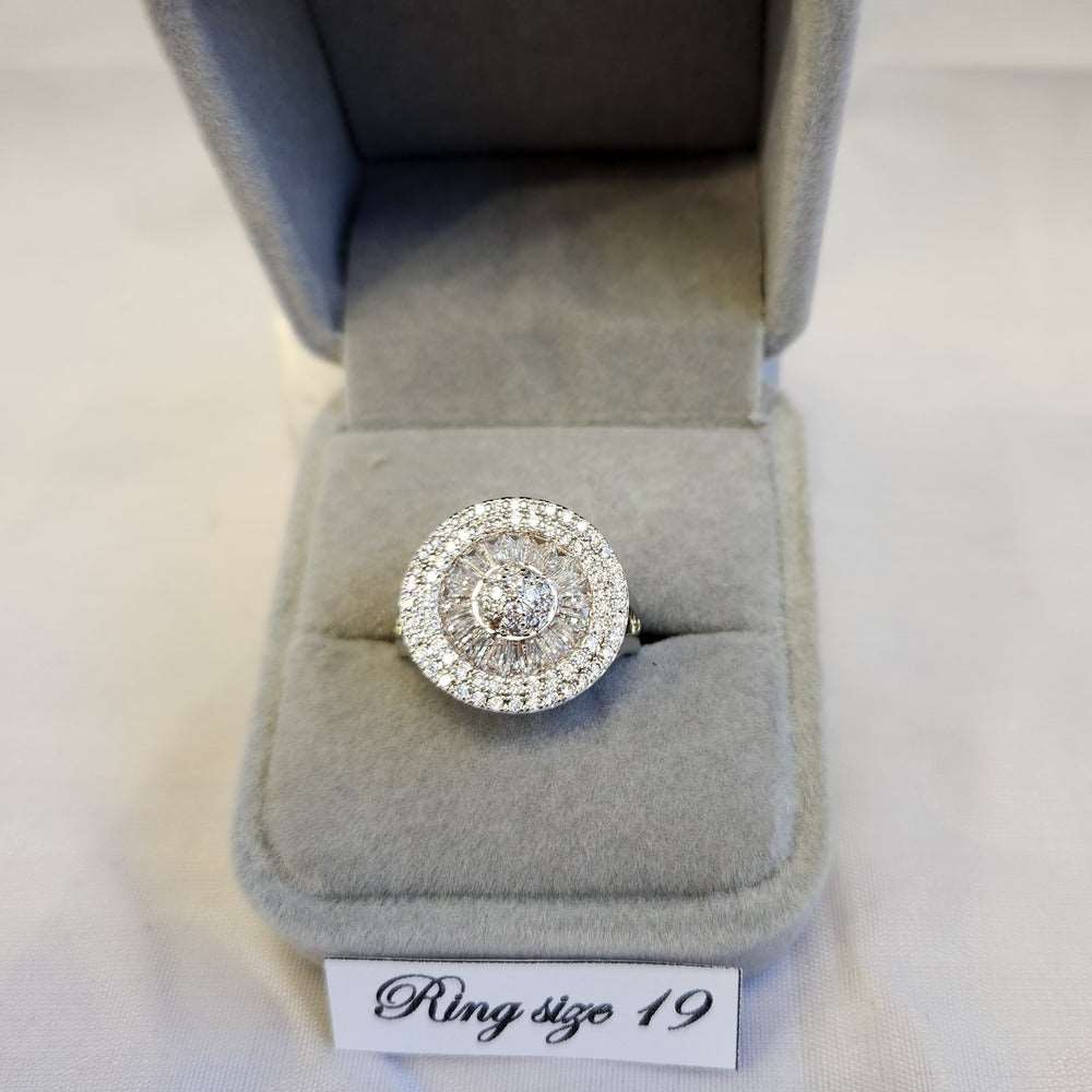 Baguette and round cut multistone halo ring