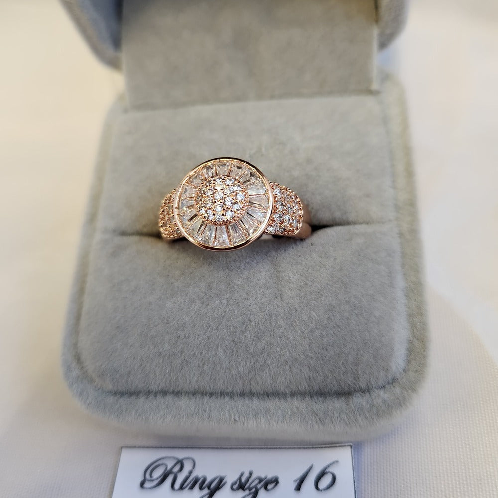 Detailed view of Rose gold halo style ring