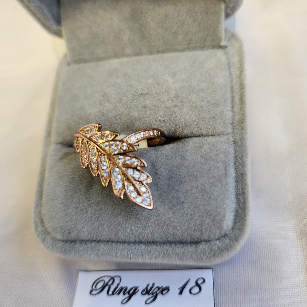 Detailed look at size 18 leaf shaped rose gold ring
