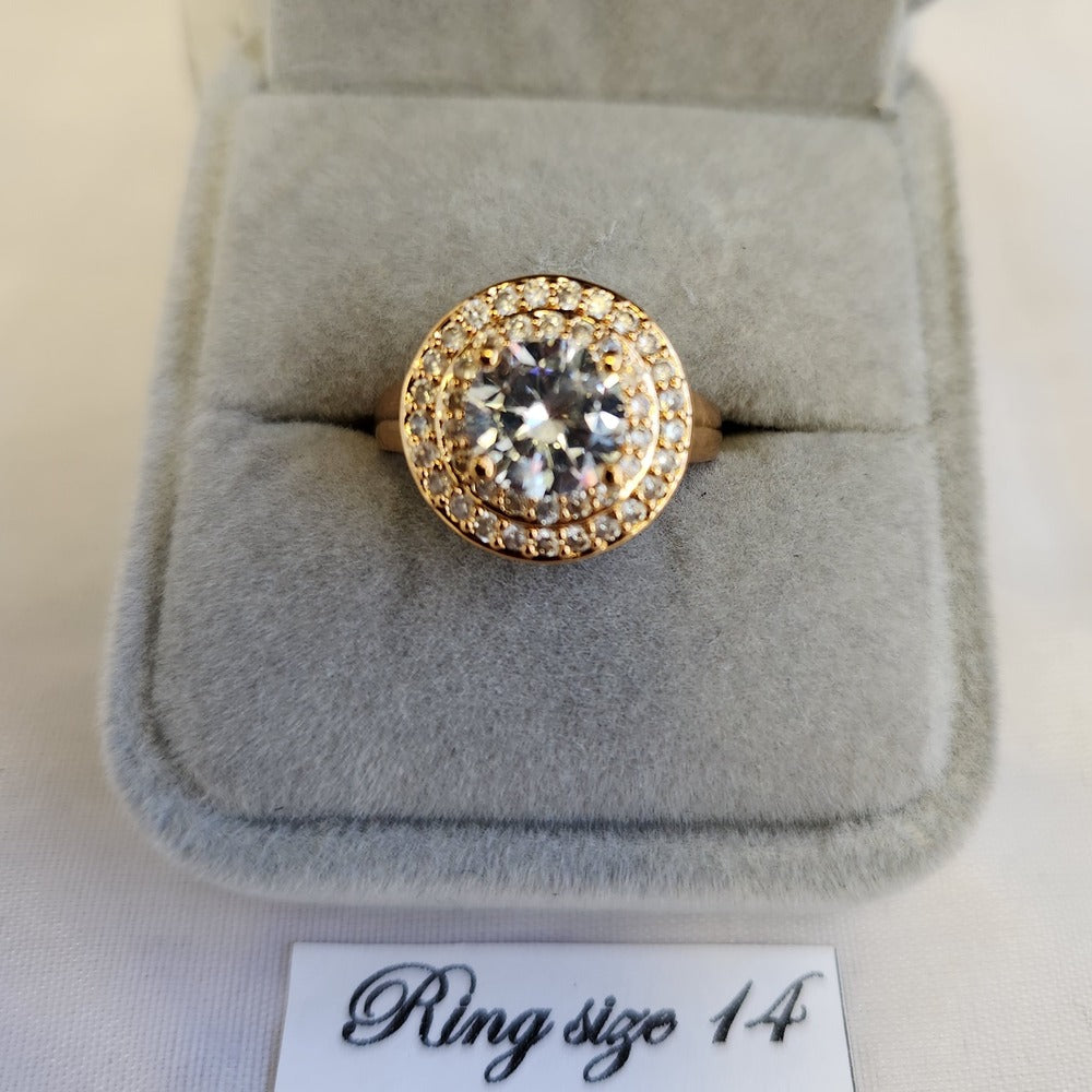 Detailed view of Prong set halo ring in gold colored frame