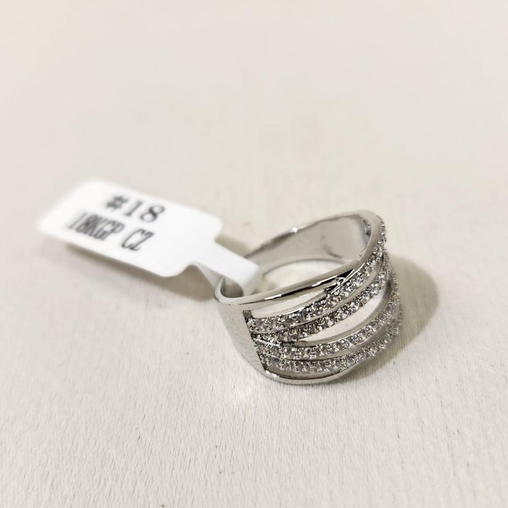 Alternative view of Silver hued wide band stone studded ring