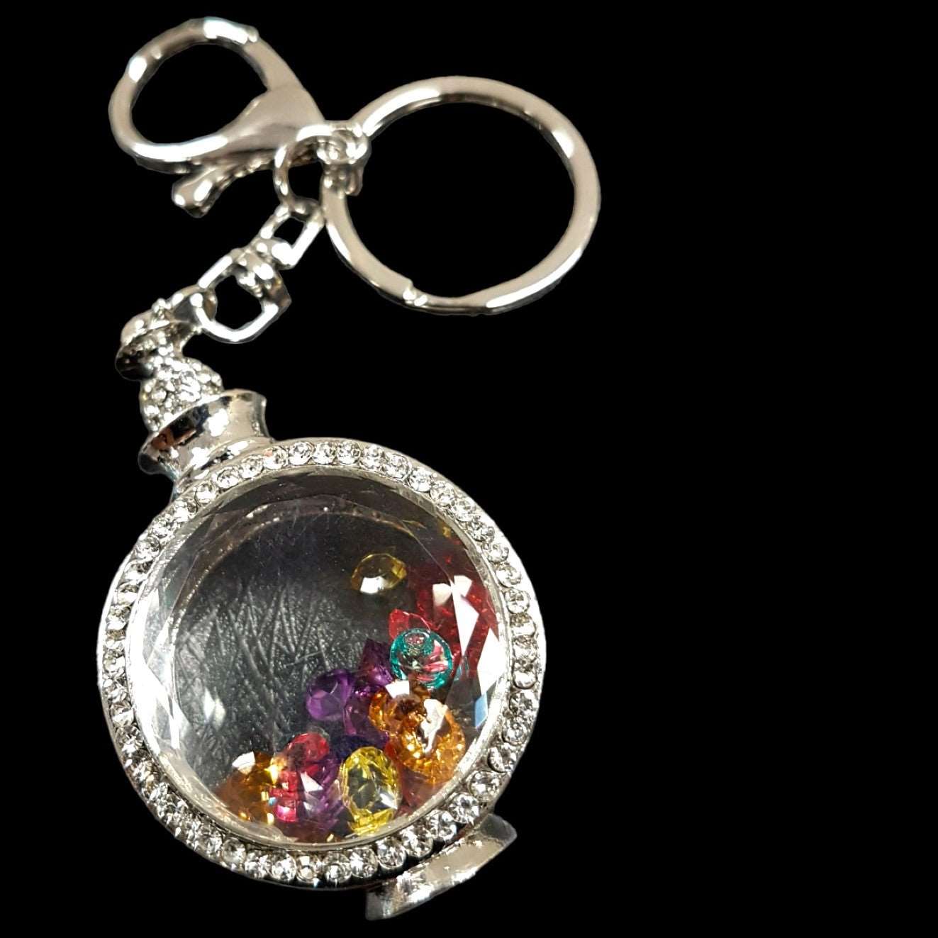 Bottle shaped purse charm with clear and colorful stones
