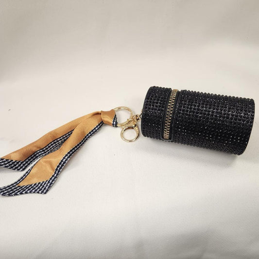 Stone embellished cylindrical purse charm with keyring