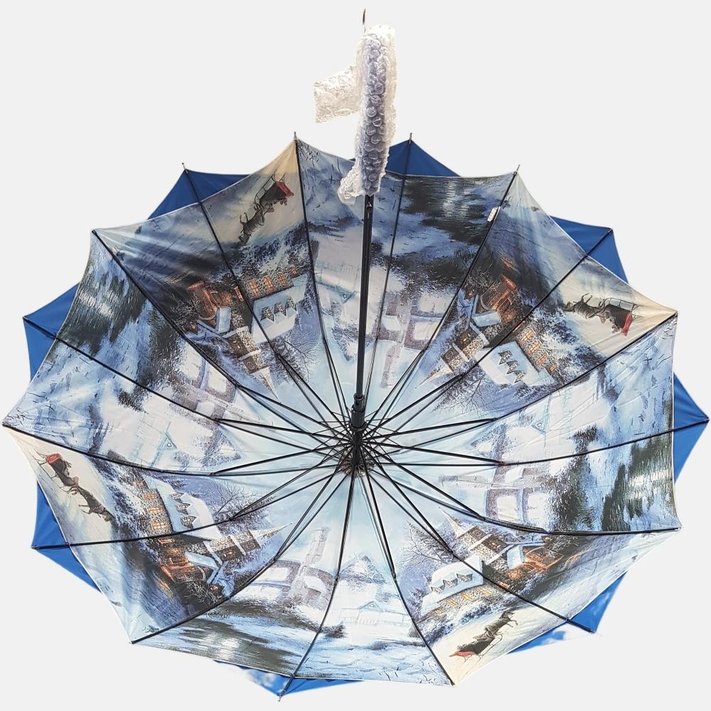 Printed inner canopy of blue umbrella