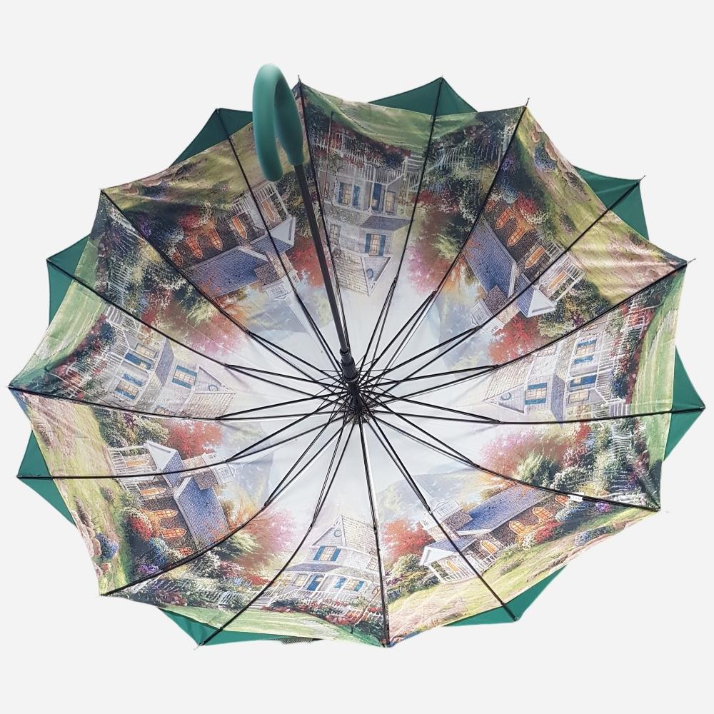 Printed inner canopy of green umbrella