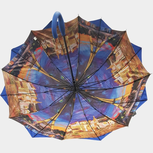 View of inner canopy of royal blue umbrella
