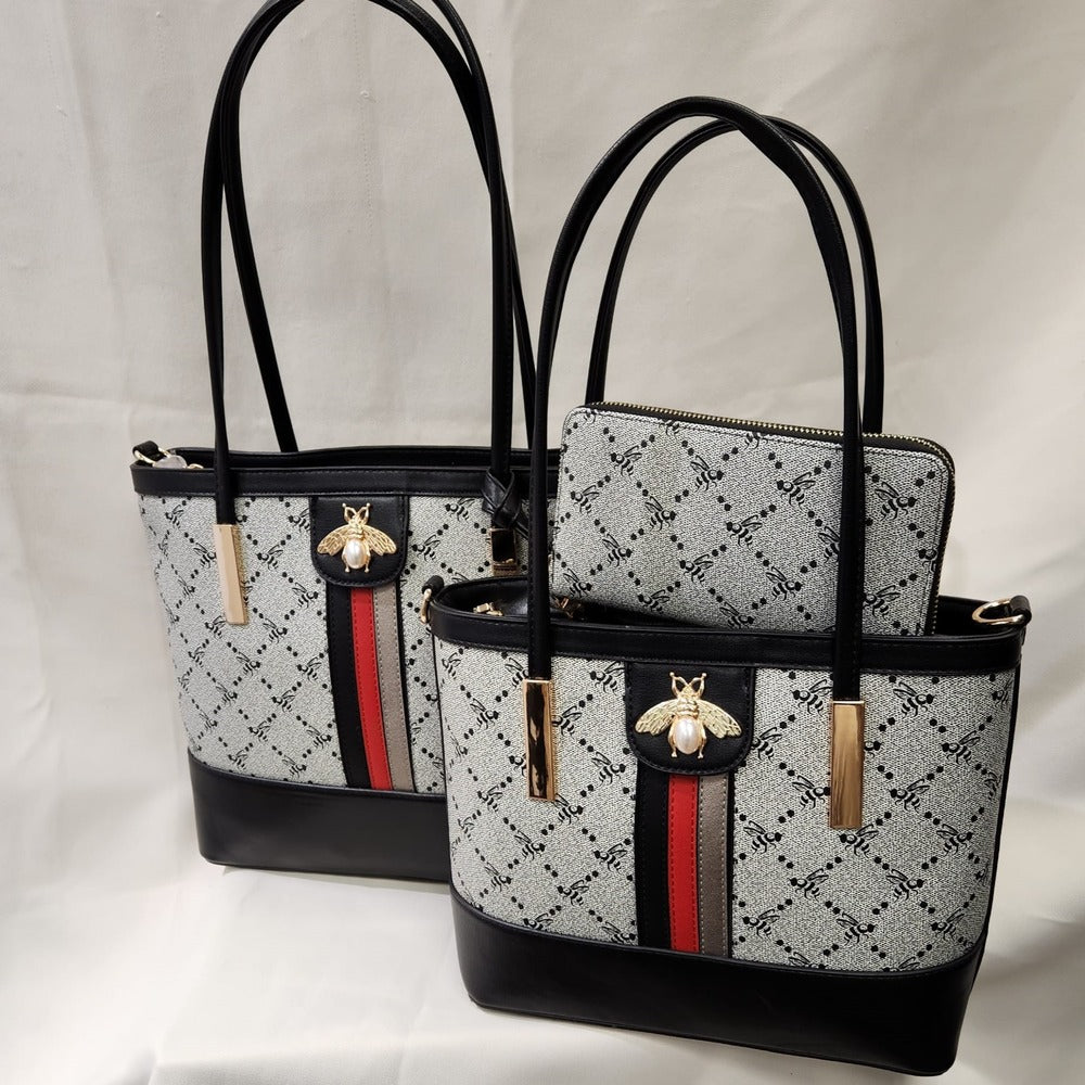 Three piece grey patterned handbag and wallet set