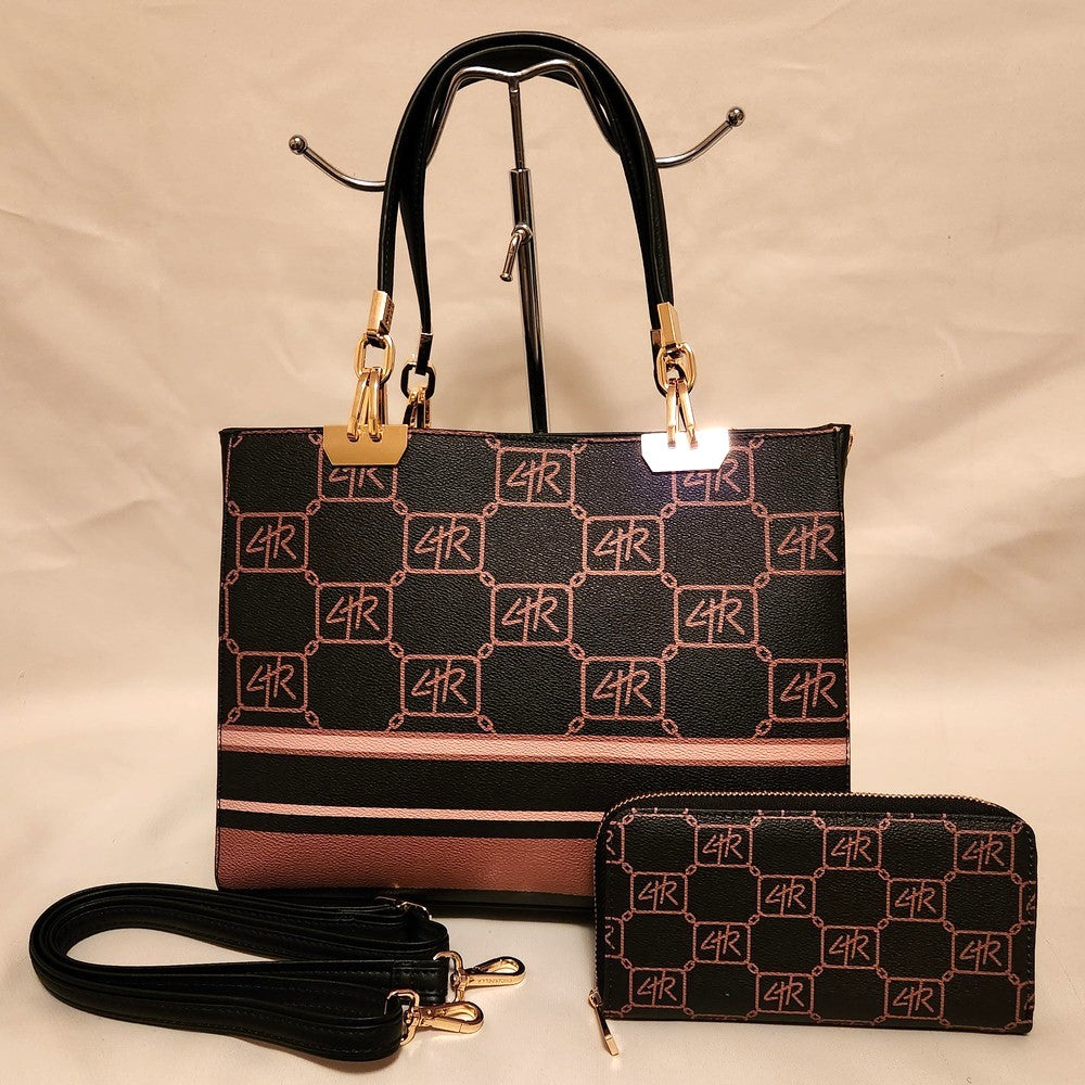 Structured handbag with brown signature print and wallet