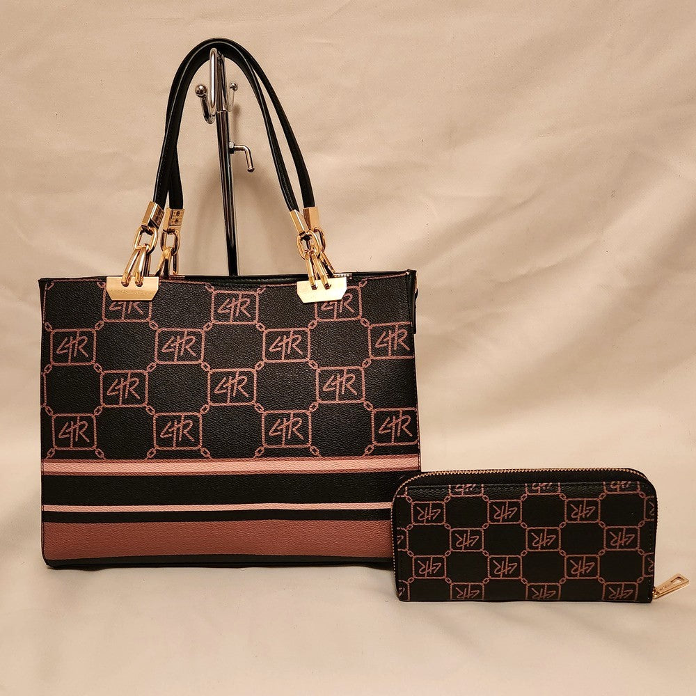Another view of handbag with signature print and wallet