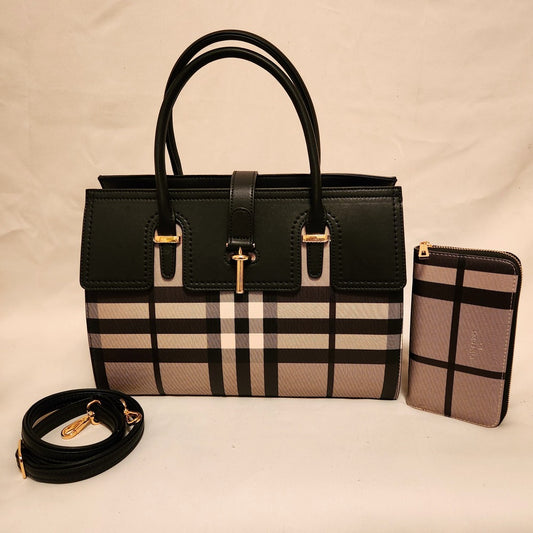 Plaid pattern handbag with black top handle and wallet