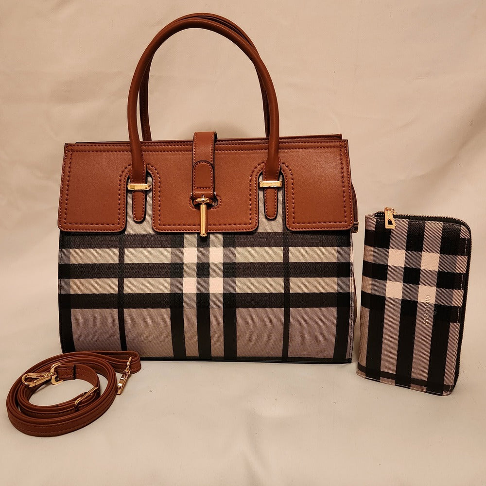 Plaid pattern handbag with tan top handle and wallet