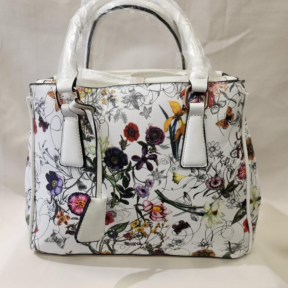 Elegant white with colorful floral print handbag