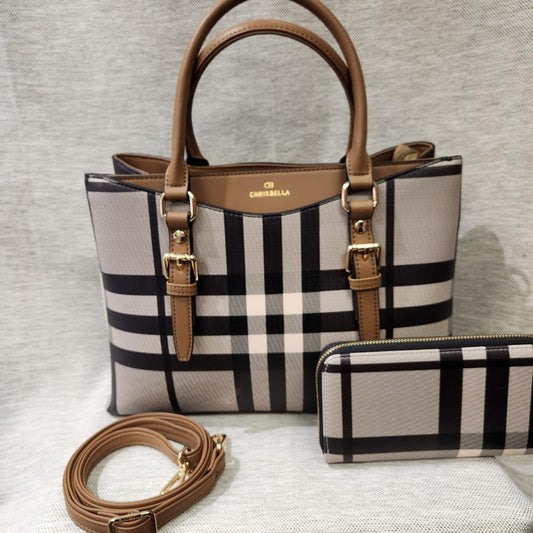 Plaid pattern handbag with mud color handle and wallet