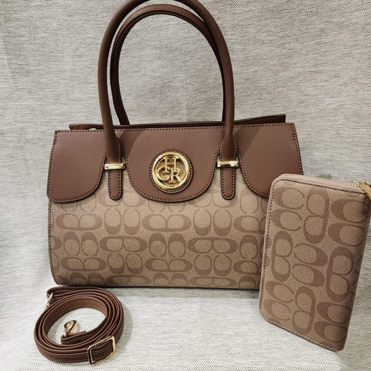 Printed handbag with brown top handle and wallet
