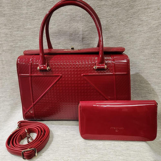 Red patent Fold-top handbag with matching wallet