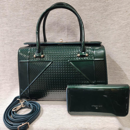 Green patent Fold-top handbag with matching wallet