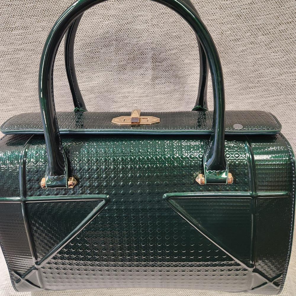 Top view of Green patent Fold-top handbag