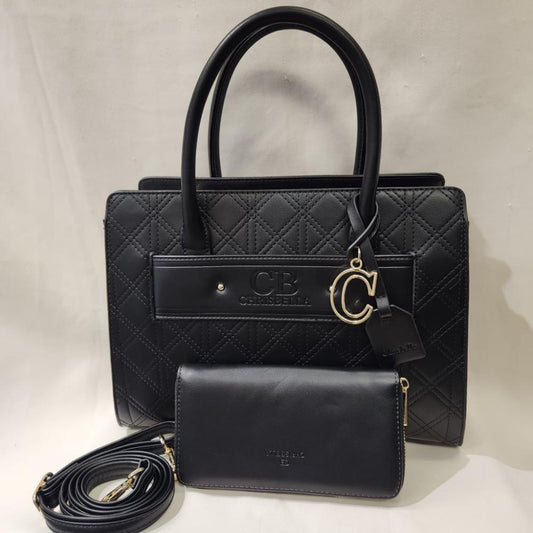 Elegant black textured handbag with wallet
