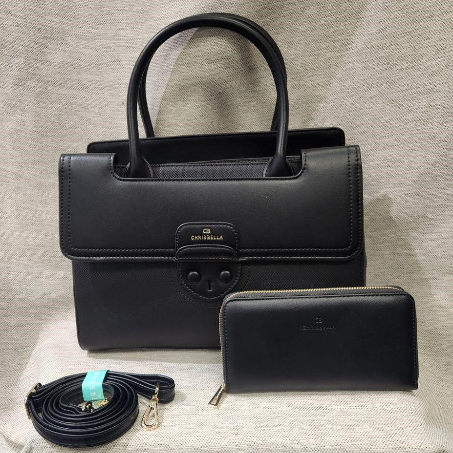 Elegant black handbag with same color wallet
