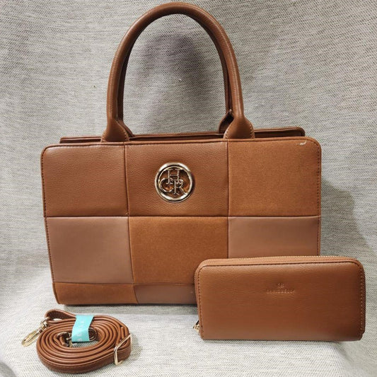 Structured tan handbag and wallet set