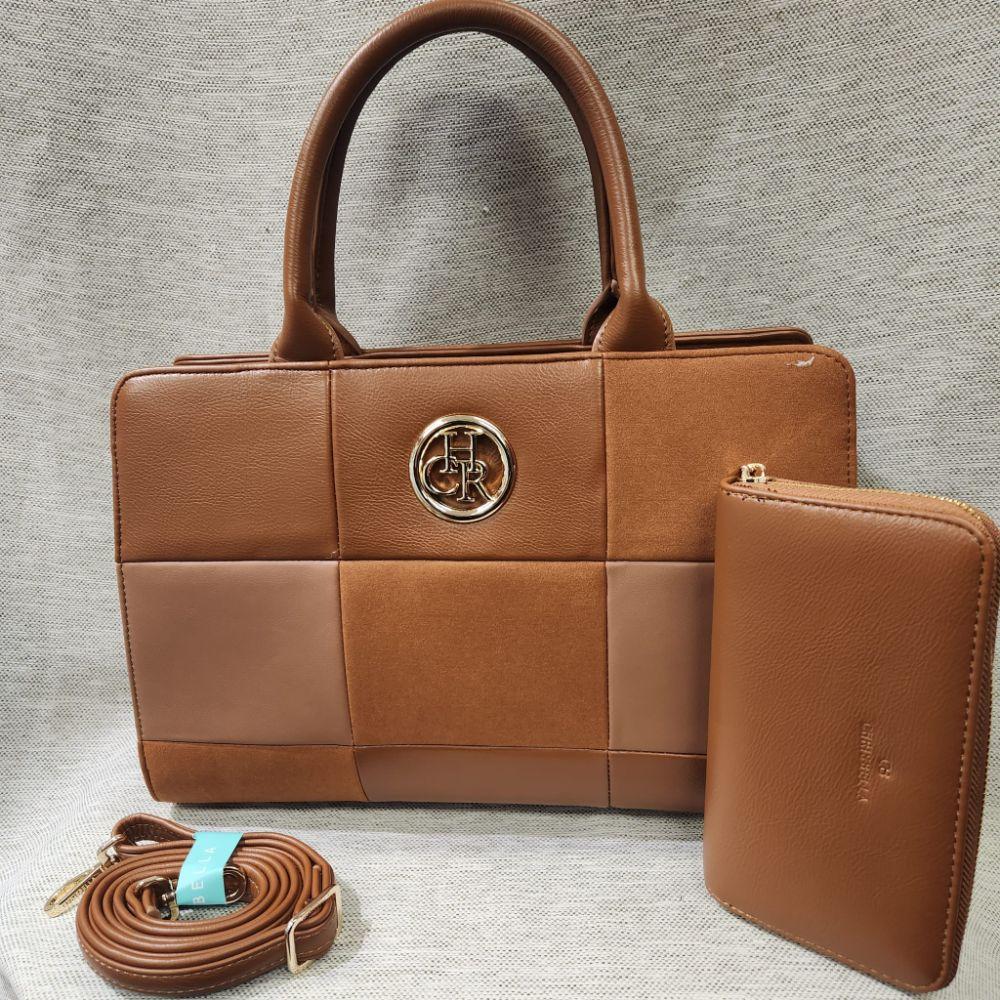 Another view of Structured tan handbag and wallet set