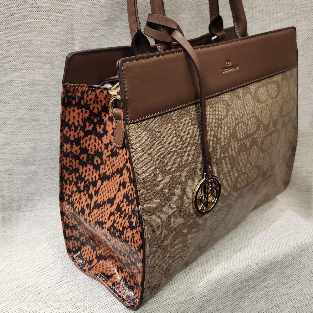 Signature print handbag with brown top handle and wallet