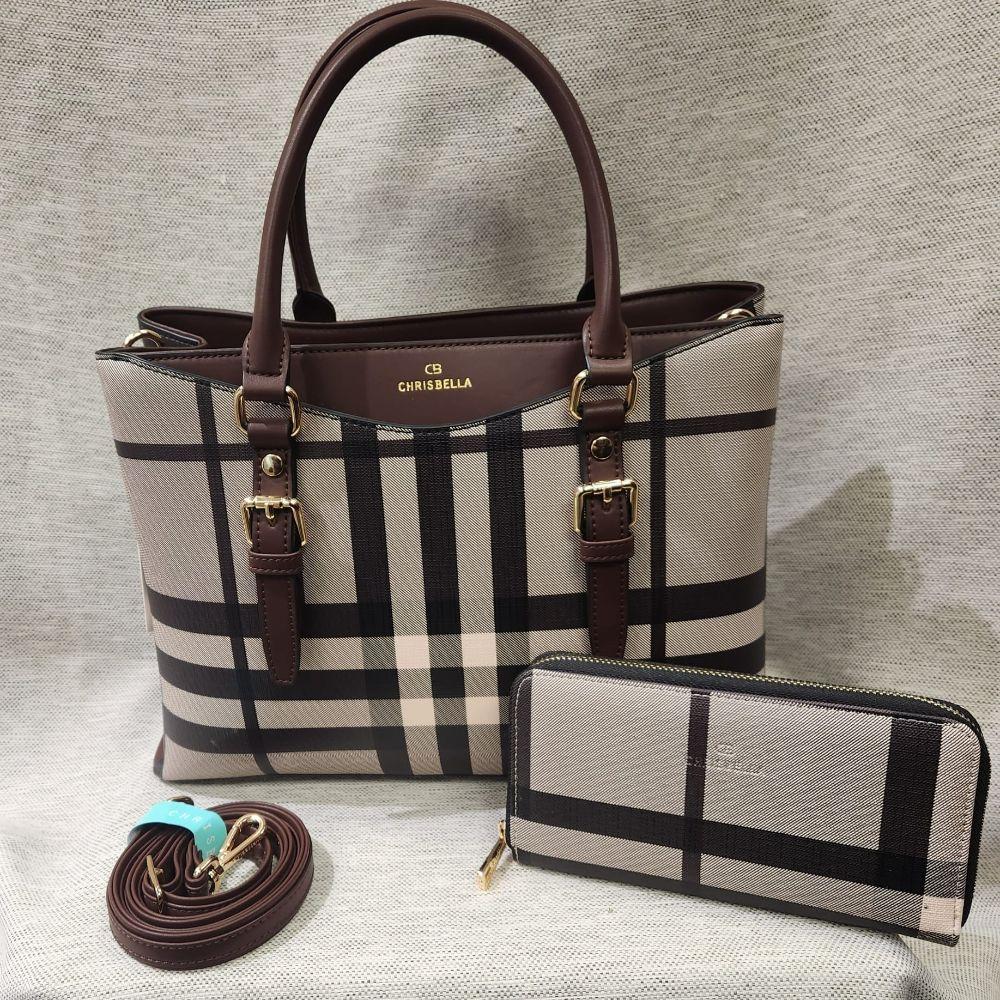 Plaid pattern handbag with brown color handle and wallet