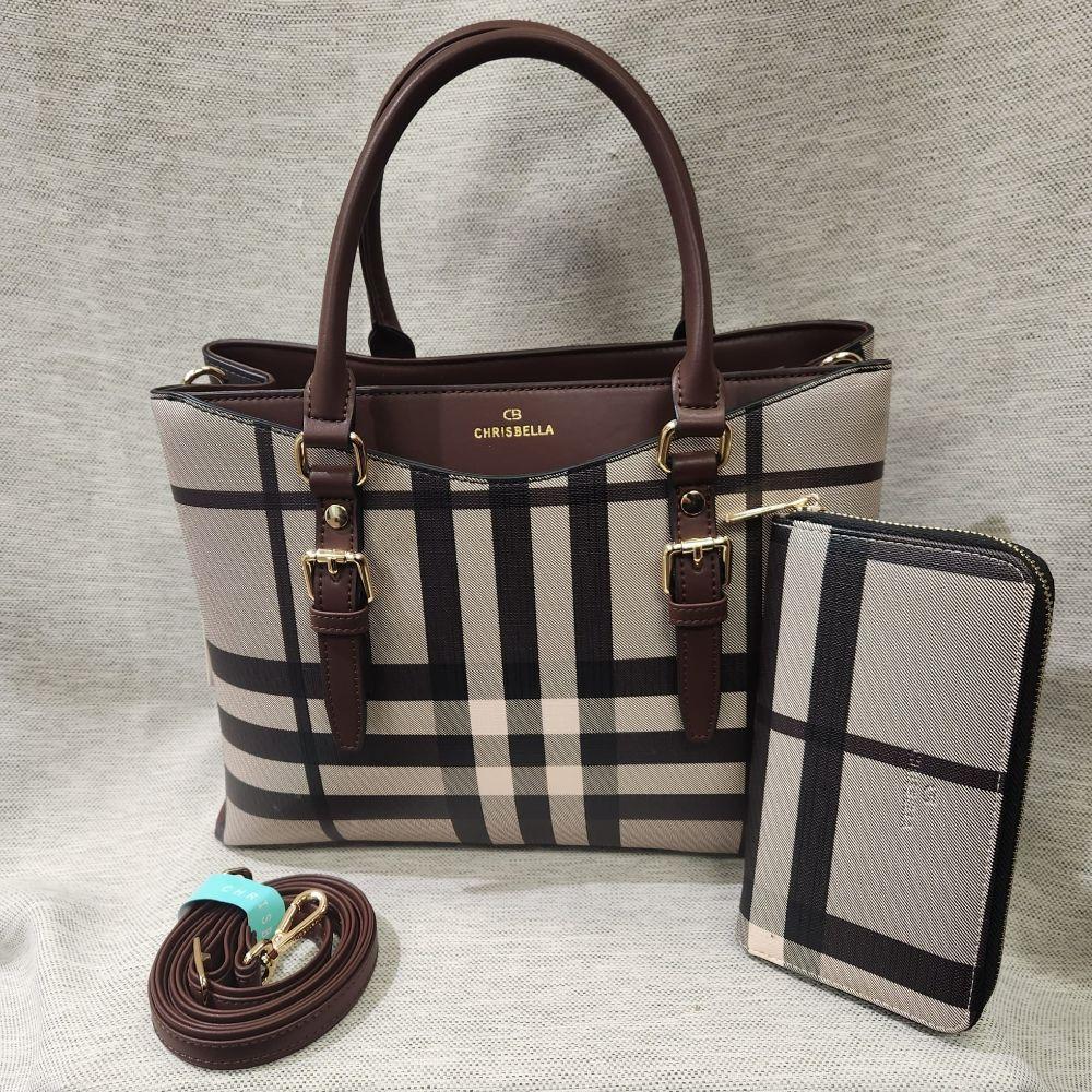 Alternative view of Plaid pattern handbag with brown color handle and wallet
