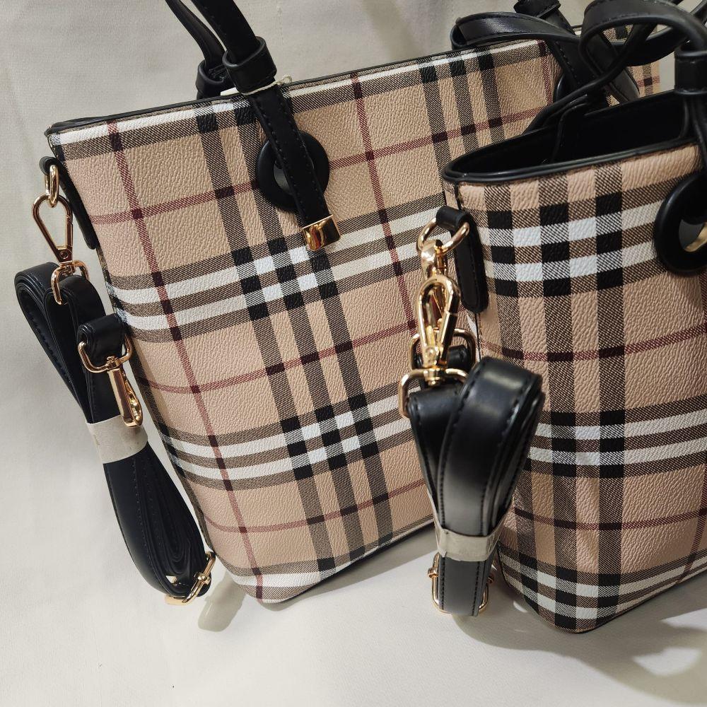 Closer view of Plaid pattern dual handbag set with black handle