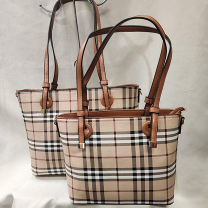 Plaid pattern dual handbag set with tan handle