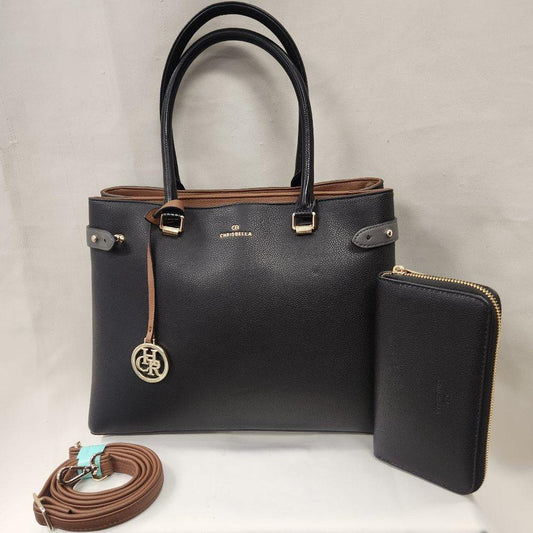 Black handbag with tan and grey accent colors and black wallet