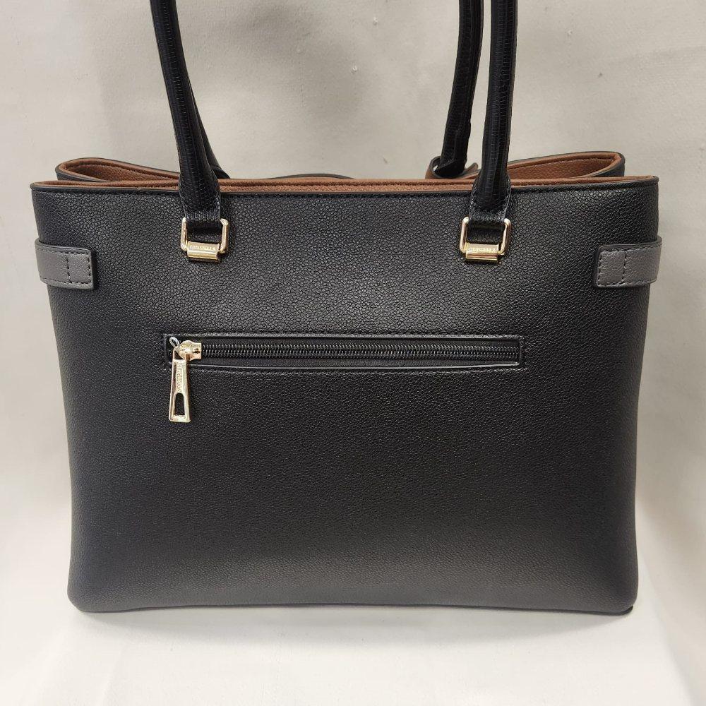 Rear view of Black handbag with tan and grey accent colors