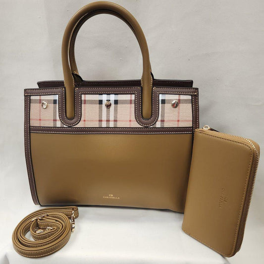 Mud color handbag with brown trim and wallet