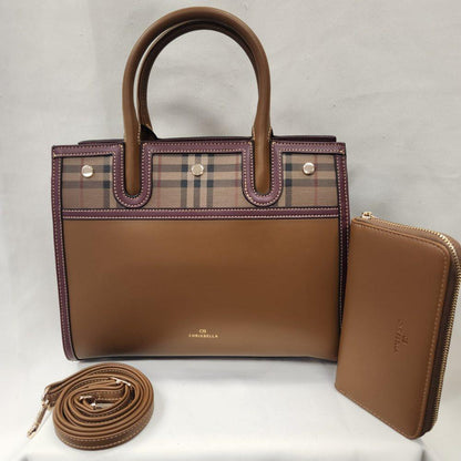 Coffee color handbag with burgundy trim and wallet