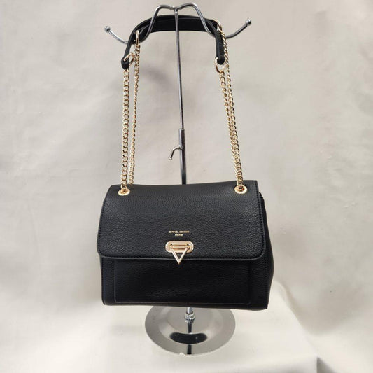 View of Elegant black handbag with gold colored chain strap