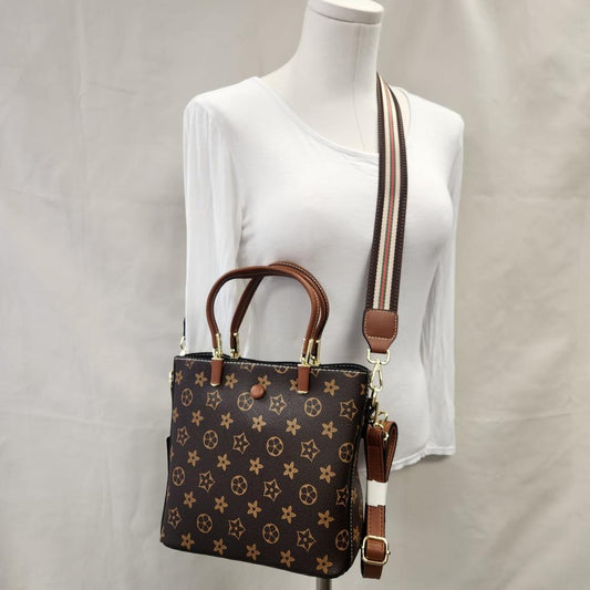 Brown handbag with tan graphic print